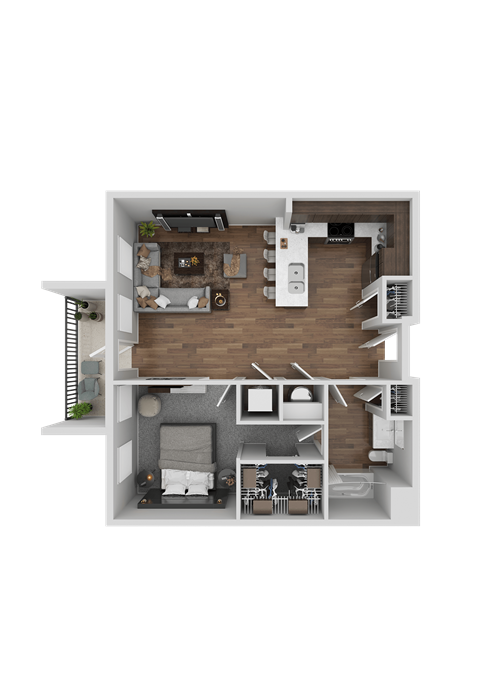 A top-down view of a modern apartment layout with a living room, kitchen, dining area, and bedrooms.
